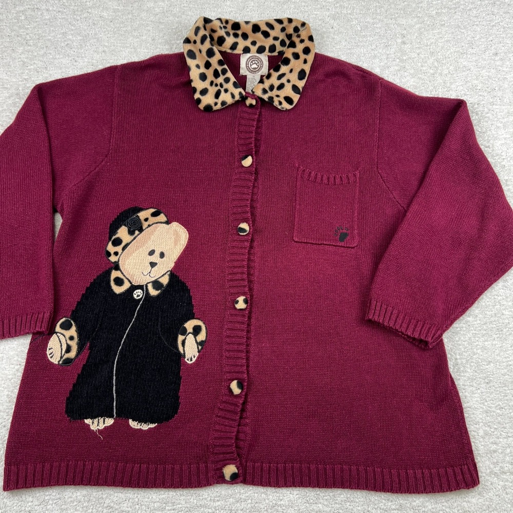 Vtg Boyds Collection Teddy Bear Leopard Print Cardigan Sweater Burgundy Women 1X